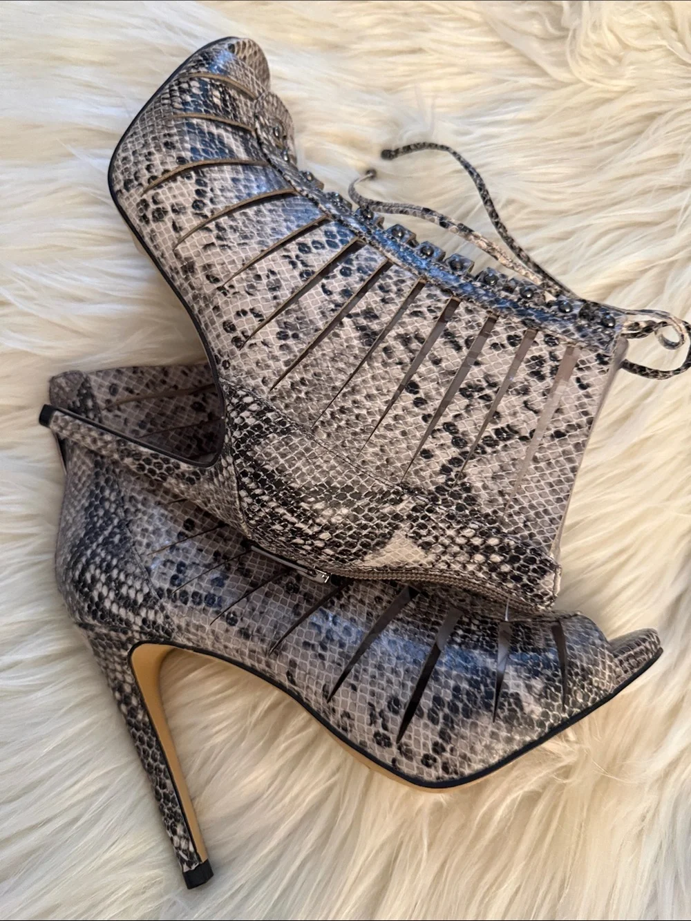 Vince Camuto Snake-Print Strappy High Heel Booties - Neutral